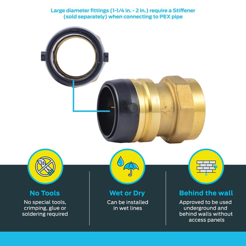 SharkBite 1-1/4 Inch FNPT Adapter, Push to Connect Brass Plumbing Fitting, PEX Pipe, Copper, CPVC, PE-RT, HDPE, UXL113532F - Image 3